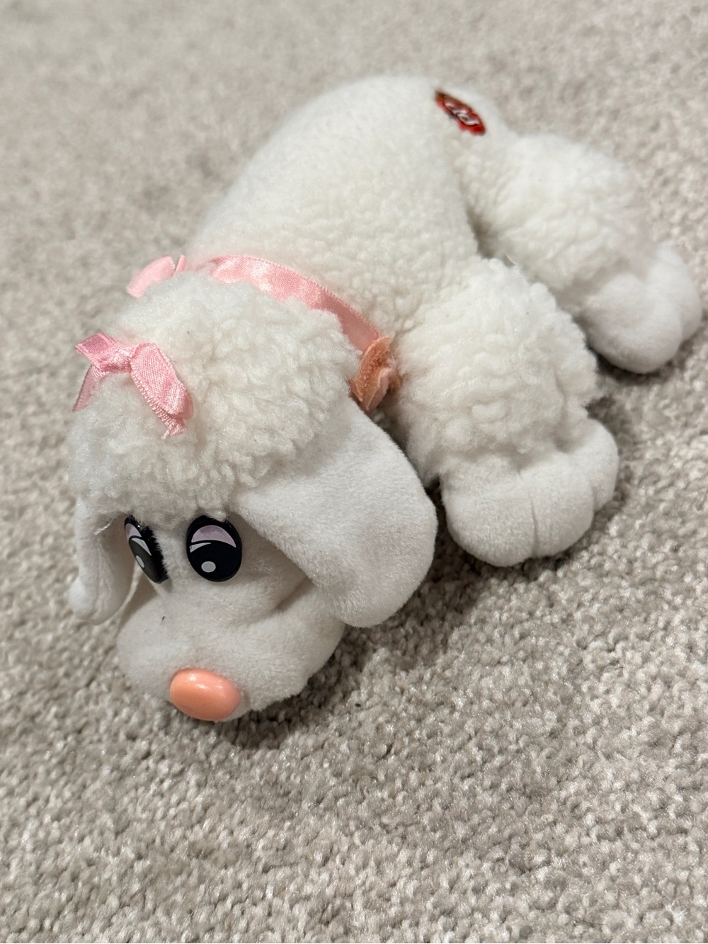Vintage 1986 Tonka Newborn Pound Puppies White Poodle Dog Plush Pink Bow Ribbon